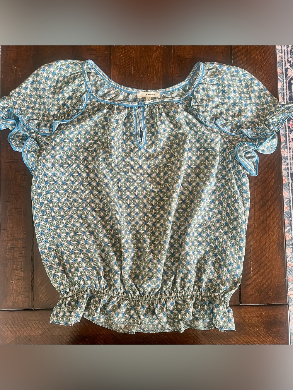 Max Studio Blue Geometric Tile Print Flutter Sleeve Peasant Blouse Medium